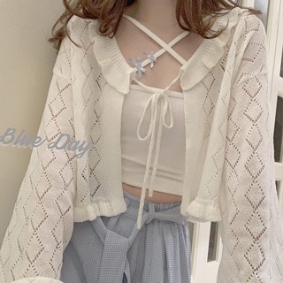 MAเสื้อคาร์ดิแกน ผ้าถัก กันแดด ผูกเชือก สีขาว เข้ากับทุกการแต่งกาย สไตล์เรโทร ฤดูร้อน สําหรับผู้หญิง 877T