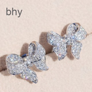 Bhy Gorgeous ต่างหูสตั๊ด เงิน 925 ประดับโบว์คริสตัล ไพลิน สีขาว เครื่องประดับ สําหรับผู้หญิง งานแต่งงาน