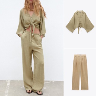 Zara 23 เสื้อเชิ้ต คอวี ผูกปมสั้น สไตล์ใหม่ ฤดูร้อน + กางเกงขากว้าง เอวสูง ลําลอง8372096 8372098