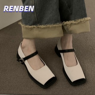 RENBEN ฝรั่งเศสตารางนิ้วเท้าหนา soled รองเท้าเดี่ยวผู้หญิงหนึ่งคําที่มีส้นเท้าหนาทุกตรงกับนางฟ้าสไตล์รองเท้าหนังขนาดเล็ก