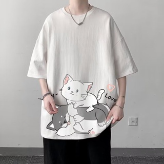 เสื้อยืดแขนสั้นลําลอง โอเวอร์ไซซ์ พิมพ์ลายการ์ตูนแมว UNISEX สีดํา และสีขาว แฟชั่นสไตล์เกาหลี ฮิปฮอป สําหรับผู้ชาย