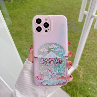 เคสโทรศัพท์มือถือ แบบใส มีทรายไหล ลายการ์ตูนม้าหมุนน่ารัก เรืองแสง สําหรับ iPhone 14 13 12 11 Pro Max 14 Pro