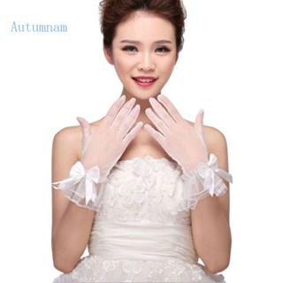 Autu ถุงมือสั้น แบบเต็มนิ้ว ประดับโบว์ สีขาว สําหรับผู้หญิง เจ้าสาว งานแต่งงาน
