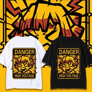 สีขาว เสื้อยืดพิมพ์ลายการ์ตูน Agatsuma Zenitsu ชายและหญิงในชุดผ้าฝ้ายแขนสั้น Japanese Demon Slayer แขนสั้น