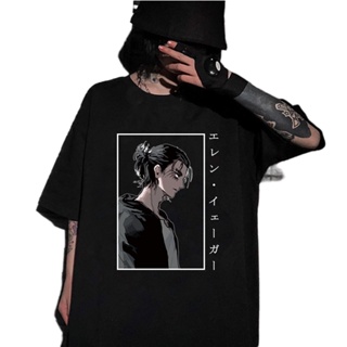 การ์ตูน ญี่ปุ่น Anime Attack On Titan Eren Yeager เสื้อยืดลำลองแขนสั้นพิมพ์ลายเสื้อยืด Unisex Tops หล่อ