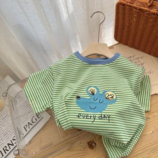 พร้อมส่ง ขายดี เสื้อยืดแขนสั้น ผ้าฝ้าย 100% พิมพ์ลายทาง ระบายอากาศ แบบแห้งเร็ว สไตล์เกาหลี ญี่ปุ่น สําหรับเด็กผู้ชาย และเด็กผู้หญิง 2023