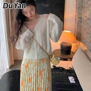 Du Yan เสื้อกันหนาวคาร์ดิแกน คอวี ผ้าถัก กลวง เข้ากับทุกการแต่งกาย แฟชั่นฤดูใบไม้ร่วง สําหรับผู้หญิง 2023