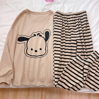 SANRIO Pochacco ชุดนอน เสื้อแขนยาว และกางเกงขายาว ลายการ์ตูนซานริโอ้ ทรงหลวม สไตล์เกาหลี แฟชั่นฤดูใบไม้ร่วง และฤดูหนาว สําหรับผู้หญิง