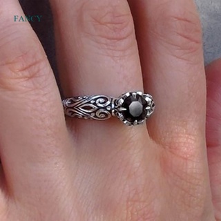 Fancy แหวนเงิน 925 ประดับเพชร ทรงกลม สีดํา สวยหรู สไตล์วินเทจ แฟชั่น สําหรับหมั้น งานแต่งงาน