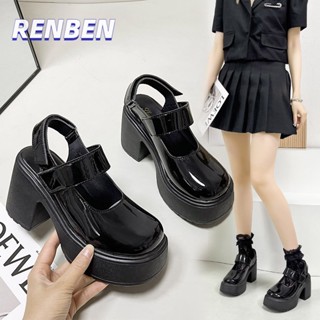 RENBEN ใหม่หนา soled รอบนิ้วเท้าแมรี่เจนรองเท้า preppy สไตล์หนึ่งคําหัวเข็มขัด Baotou กลับรองเท้าผู้หญิงที่ว่างเปล่า