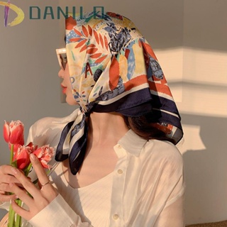 DANILO Luxury Women Silk Scarf Beach Hair Tie Band Square Scarf Print Flower Wave Point Elegant Female Retro Head Scarf