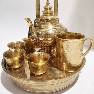 ชุดน้ำชากาโบราณทองเหลืองตอกลาย ถาดหล่อสองชั้น จัมโบ้ 10.5 นิ้ว Premium &amp; Luxury