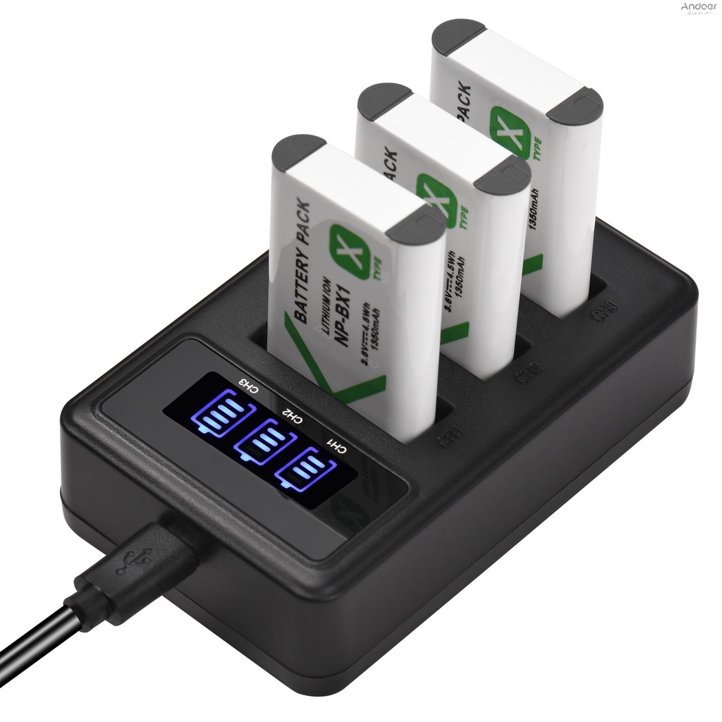 np-bx1-battery-charger-3-slot-with-led-indicators-3pcs-np-bx1-batteries-3-6v-1350mah-with-usb-charging-cable-replacement-for-dsc-rx100-dsc-rx100-ii-dsc-rx100m-ii-dsc-rx100-i