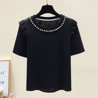 เสื้อยืดคอกลม แขนสั้น ประดับลูกปัด แฟชั่นฤดูร้อน สําหรับผู้หญิง 2023