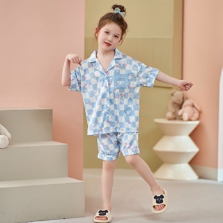 Summer new Stitch short-sleeved silk childrens pajamas Cute cartoon childrens home clothes