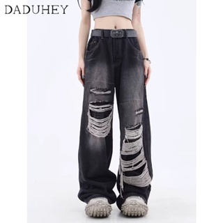 DaDuHey🎈 American Style Retro New High Waist Jeans Womens Casual Loose All-Match Retro Design Ripped Straight Wide Leg Casual Mop Pants