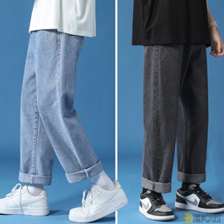 Mens jeans Loose Straight Casual Uncle Pants Retro Mechanical Pants Wide Leg Pants Denim Thin Cropped Pants Blue