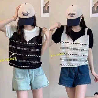 เสื้อเชิ้ตแขนพัฟ ผ้าลินินถัก ลายทาง สไตล์ฝรั่งเศส แฟชั่นฤดูร้อน สําหรับผู้หญิง สองชิ้น TMCD
