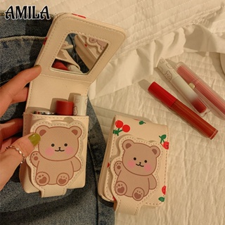 AMILA กระเป๋าใส่ลิปสติกหมีน่ารัก กระเป๋าเก็บเครื่องสำอางขนาดเล็ก พร้อมกระจก อินเทรนสุดๆ แบบพกพา สำหรับการเดินทาง