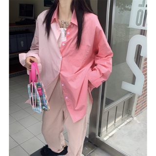 Dahong 💖เสื้อเชิ้ตแขนยาวลําลอง  เสื้อเชิ้ตตัดกัน กันแดด ทรงหลวม สีสดใสๆ W254