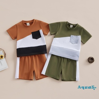 Aqq- เสื้อยืดคอกลม แขนสั้น และกางเกงขาสั้น สีตัดกัน แฟชั่นฤดูร้อน สําหรับเด็กผู้ชาย 2 ชิ้น