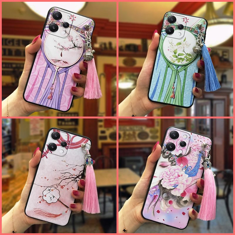 chinese-style-silicone-phone-case-for-redmi12-4g-back-cover-shockproof-waterproof-durable-tpu-anti-knock-dirt-resistant-tassel