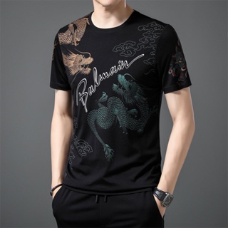Spot ultra-high CP value] ice silk POLO shirt male young handsome dad short-sleeved t-shirt middle-aged summer new round-neck Tee dragon printed T-ice sense fashion top half-sleeved boys wear