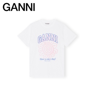 Ganni เสื้อยืดลําลอง แขนสั้น คอกลม พิมพ์ลายดอกไม้ สีขาว สไตล์คลาสสิก สําหรับสตรี3716151