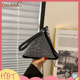【Double C 】✿   กระเป๋าสะพายไหล่ ทรงสามเหลี่ยม แต่งเพชร แต่งซิป ขนาดใหญ่ จุของได้เยอะ ระบายอากาศได้ดี เหมาะกับการเดินทาง ช้อปปิ้ง สําหรับผู้หญิง