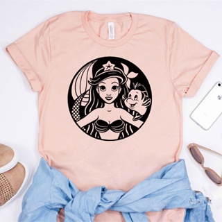 เสื้อยืดแขนสั้น【Feb】 Little Mermaid T-Shirt Cute Girl And Flounder Graphic Tee Dinglehopper Hair Don 39;t Care The Littl