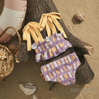 Babygarden-6m-4y ชุดว่ายน้ํา บิกินี่ สายเดี่ยว แต่งระบาย ผูกเชือก และกางเกงชั้นใน จับจีบ พิมพ์ลายดอกไม้ สีตัดกัน สําหรับเด็กผู้หญิง