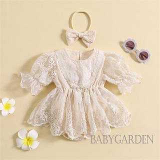 Babygarden-3-24 เดือน ชุดรอมเปอร์ แขนสั้น ปักลายลูกไม้ ดอกไม้ + ที่คาดผม ฤดูร้อน สําหรับเด็กผู้หญิง