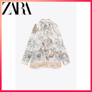 Zara ใหม่ เสื้อเชิ้ต ผ้าไหมซาติน พิมพ์ลาย สําหรับผู้หญิง