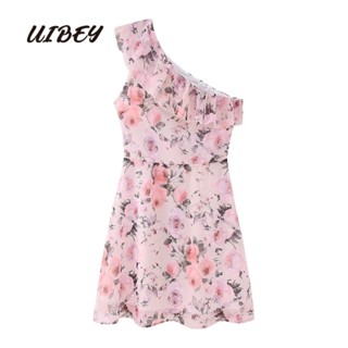 Uibey ชุดเดรส คอเอียง พิมพ์ลายดอกไม้ จับจีบ เข้ารูป สําหรับผู้หญิง 5509