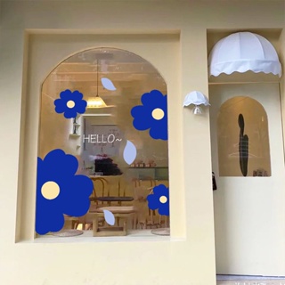 Ins สติกเกอร์แฟชั่น ลายดอกไม้ สีฟ้า สําหรับตกแต่งกระจก ประตู หน้าต่าง ร้านกาแฟ ชา นม
