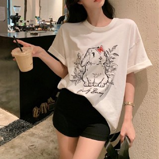 เสื้อยืดแขนสั้น ผ้าฝ้าย 100% พิมพ์ลายการ์ตูนกระต่าย ทรงหลวม แฟชั่นฤดูร้อน สําหรับผู้ชาย และผู้หญิง