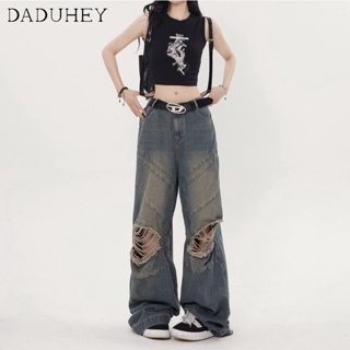 DaDuHey🎈 2023 Summer Korean Style New High Street High Waist Pants Wide Leg Slimming Casual Washed Distressed Straight Ripped Jeans