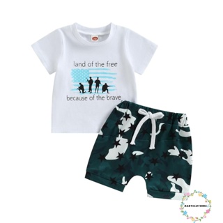 Babyclothes- ชุดเสื้อแขนสั้น พิมพ์ลายธง สีขาว และกางเกงขาสั้น พิมพ์ลายดาว แฟชั่นฤดูร้อน สําหรับเด็กผู้ชาย