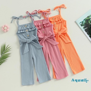 Aqq- ชุดจั๊มสูทรอมเปอร์ แขนกุด ผ้าถัก แต่งกระดุม สีพื้น พร้อมเข็มขัด แฟชั่นฤดูร้อน สําหรับเด็กผู้หญิง