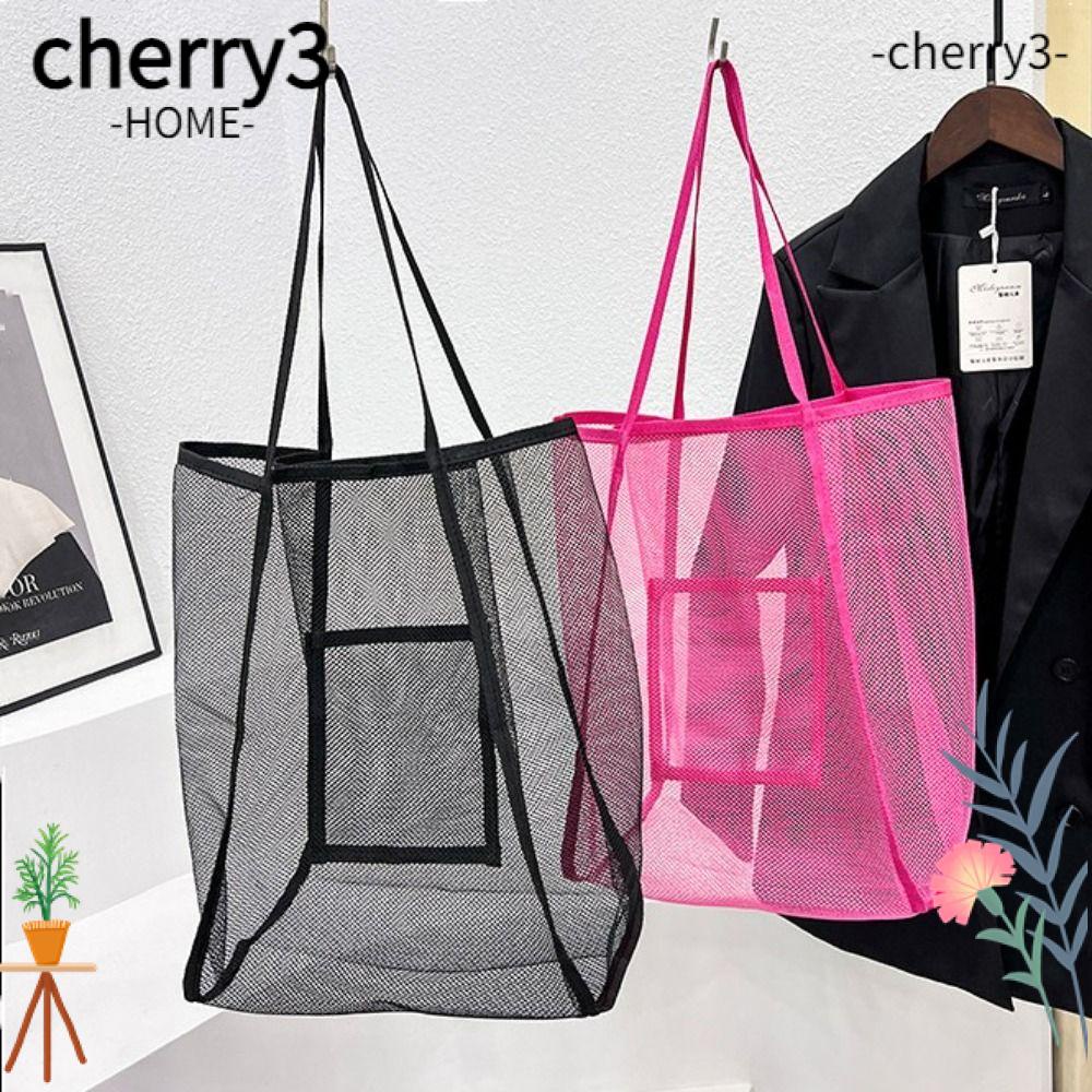 cherry3-กระเป๋าถือ-กระเป๋าสะพายไหล่-ผ้าตาข่าย-ความจุขนาดใหญ่-น้ําหนักเบา-แบบพกพา-สีโปร่งใส-เหมาะกับเดินชายหาด-ช้อปปิ้ง