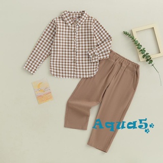 Aqq ชุดเสื้อเชิ้ต แขนยาว ลายสก๊อต และกางเกง สําหรับเด็กผู้ชาย 2 ชิ้น