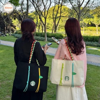 Ahour Starbucks กระเป๋าสะพายไหล่ กระเป๋าถือ ผ้าแคนวาส ลายตัวอักษร สไตล์เกาหลี เหมาะกับการพกพาชอปปิ้ง นักเรียน
