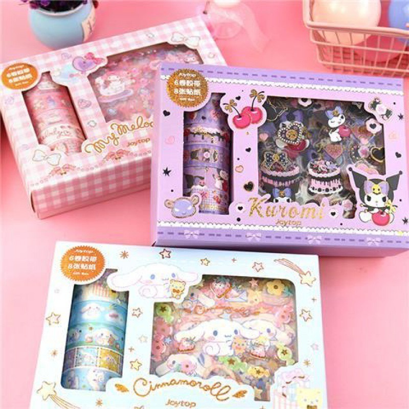 ชุดเทปสติกเกอร์-ลายการ์ตูน-sanrio-hellokitty-kuromi-cinnamoroll-six-palaces-น่ารัก-สําหรับตกแต่งกล่องของขวัญ-diy-6-ม้วน-8-แผ่น