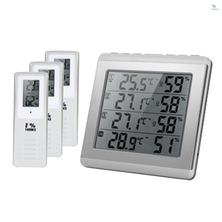{fash} เครื่องวัดอุณหภูมิความชื้น แบบไร้สาย หน้าจอ LCD ดิจิทัล สี่ช่อง สําหรับในร่ม กลางแจ้ง ℃/℉ เครื่องวัดอุณหภูมิความชื้น พร้อมตัวส่งสัญญาณ 3 ระดับ สําหรับกลางแจ้ง