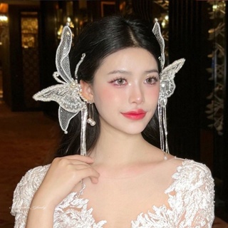 New style bridal headdress handmade pearl fringed butterfly pair with fairy air simple wedding dress and makeup accessories