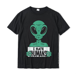 เสื้อยืดวินเทจเสื้อยืดลําลอง ผ้าฝ้าย แขนสั้น พิมพ์ลายเอเลี่ยน I Hate Humans Alien สําหรับผู้ชายS-5XL