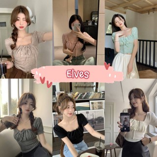 Elves✨พร้อมส่ง✨ เสื้อไหมพรมแขนสั้น ดีเทลผูกโบว์ด้านหน้าใส่สบายมาก ~42058~