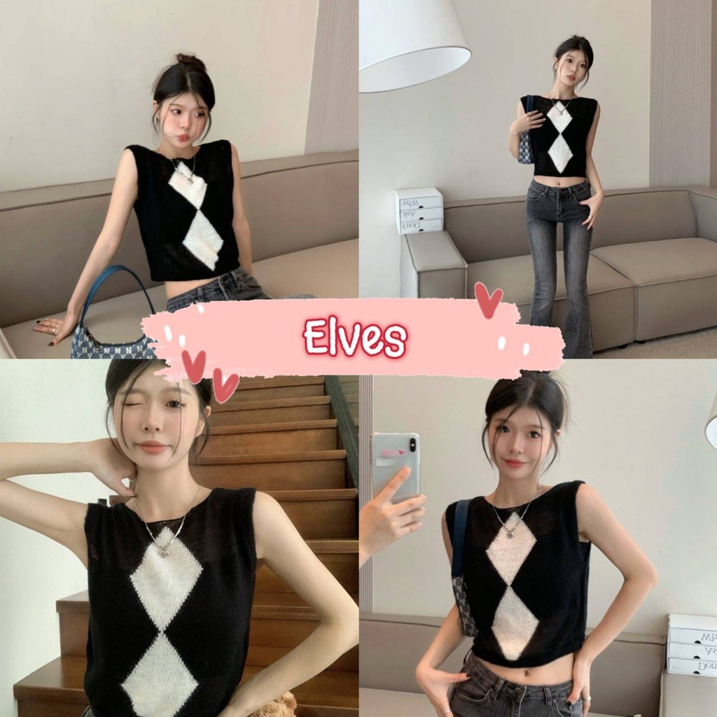 elves-พร้อมส่ง-เสื้อกล้ามแขนกุด-ลายตางรางหมากรุกใหญ่-เบาบางใส่ง่ายซีทรูนิดๆ-11527-c