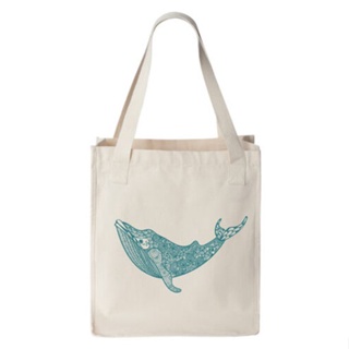 กระเป๋าผ้าแคนวาส ทรงโท้ท พิมพ์ลายปลาวาฬ สีเบจ ทะเลธรรมชาติ ชายหาด QBRF