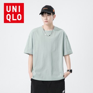 Uni-qlo เสื้อยืดลําลอง ผ้าฝ้าย แขนสั้น คอกลม ทรงหลวม สีพื้น สไตล์เรียบง่าย สําหรับผู้ชาย